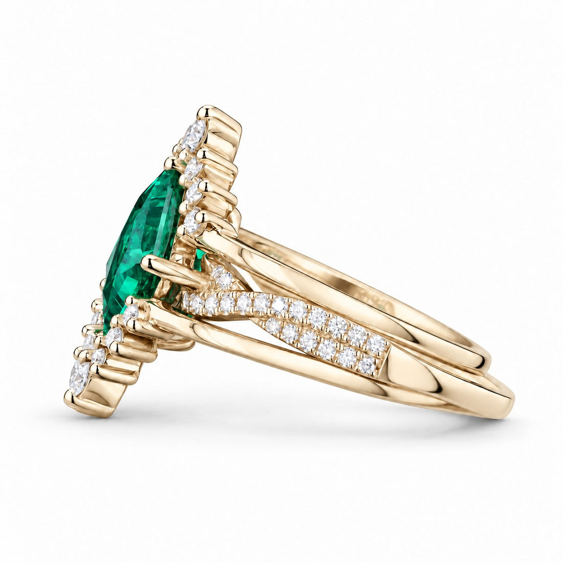 The Verdant Crown — Diamond Halo Emerald Ring (Twist Band) in 14K yellow gold, side view