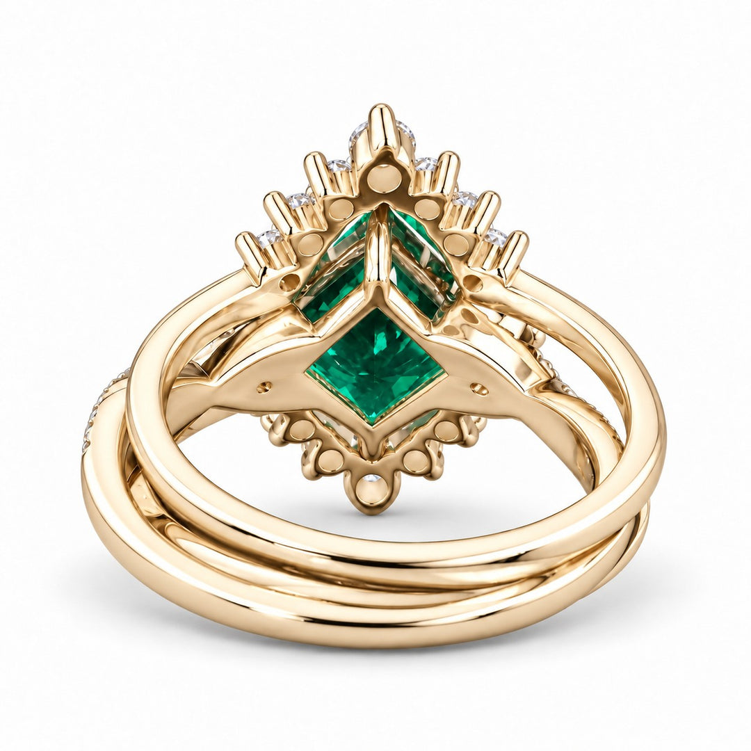 The Verdant Crown — Diamond Halo Emerald Ring (Twist Band) in 14K yellow gold, back and setting