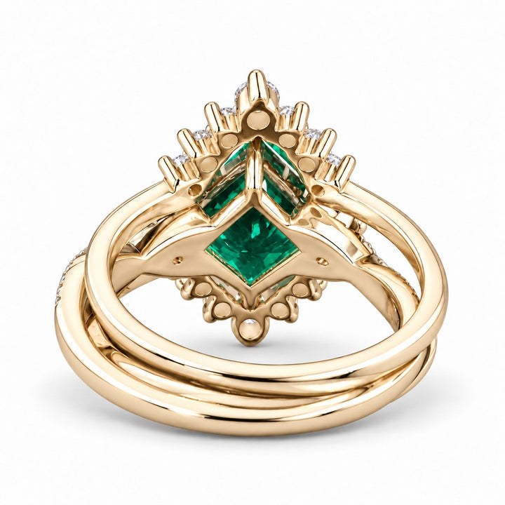 The Verdant Crown — Diamond Halo Emerald Ring (Twist Band) in 14K yellow gold, back and setting