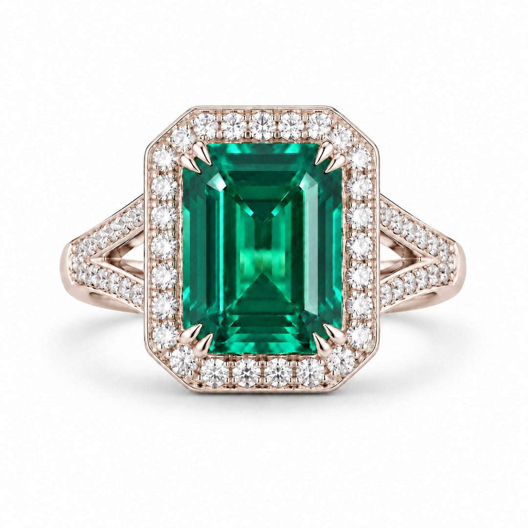 The Interlace — Split Pavé Emerald Halo in 14K rose gold, front view