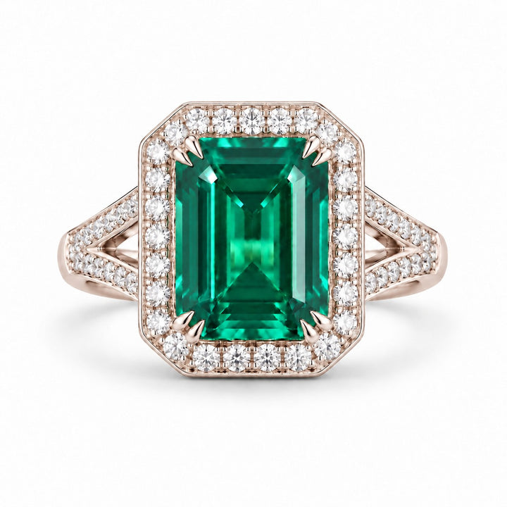The Interlace — Split Pavé Emerald Halo in 14K rose gold, front view
