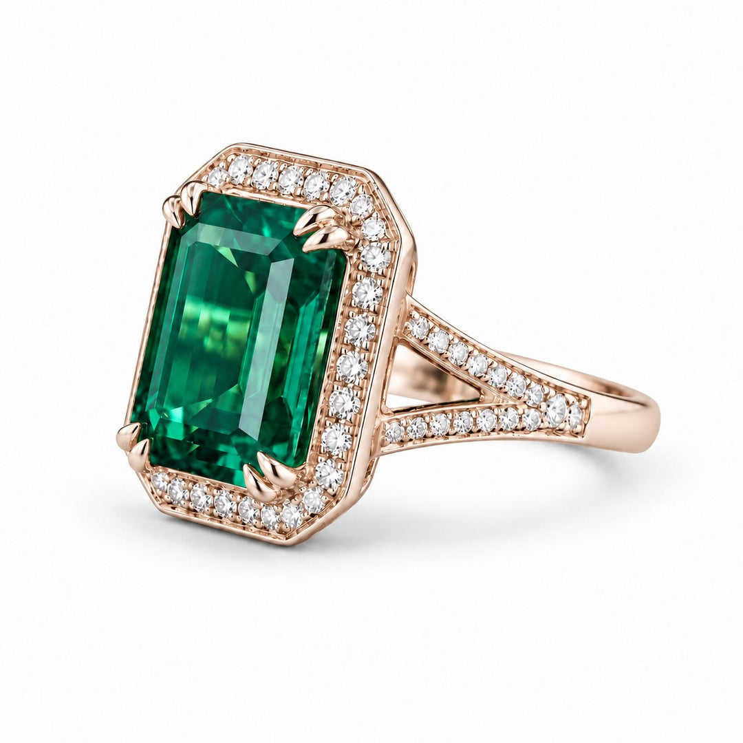 The Interlace — Split Pavé Emerald Halo in 14K rose gold, three-quarter view