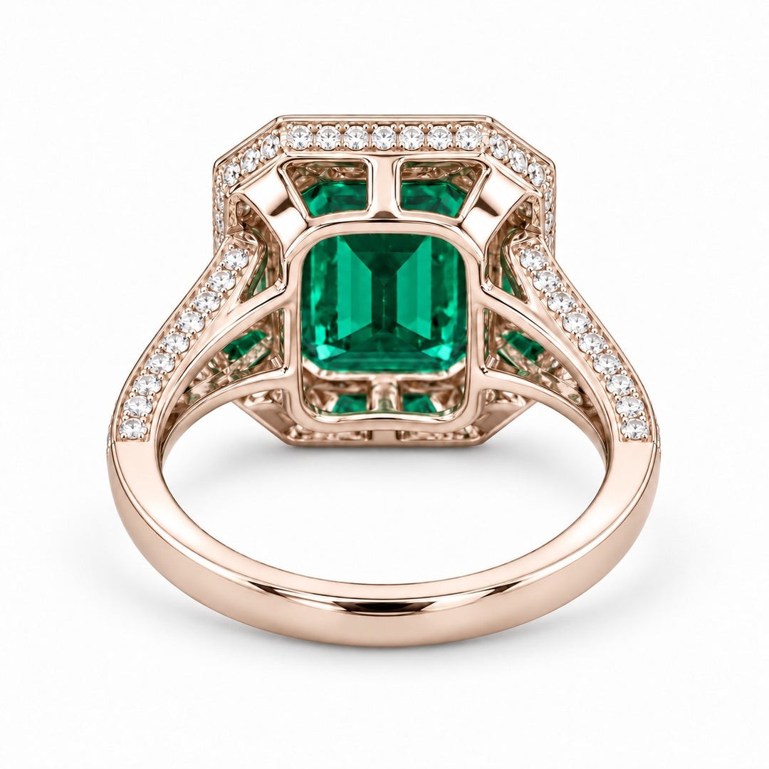 The Interlace — Split Pavé Emerald Halo in 14K rose gold, back and setting