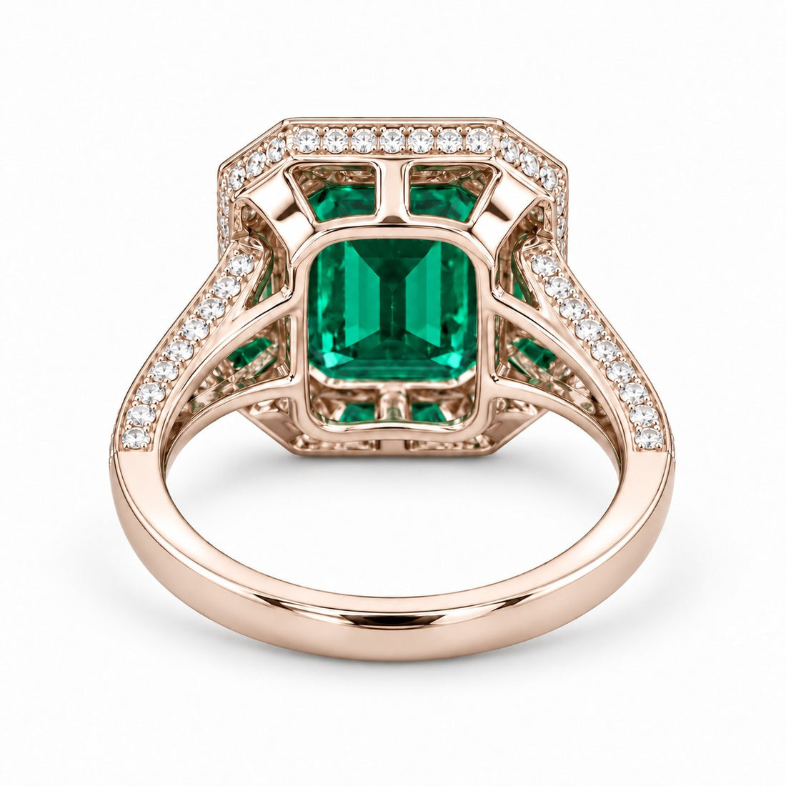 The Interlace — Split Pavé Emerald Halo in 14K rose gold, back and setting