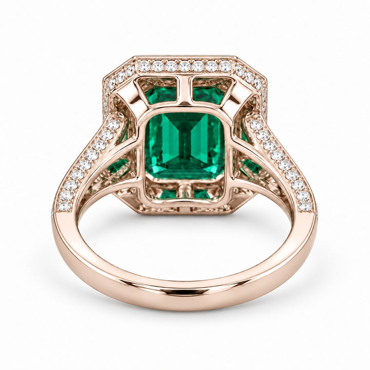 The Interlace — Split Pavé Emerald Halo in 14K rose gold, back and setting