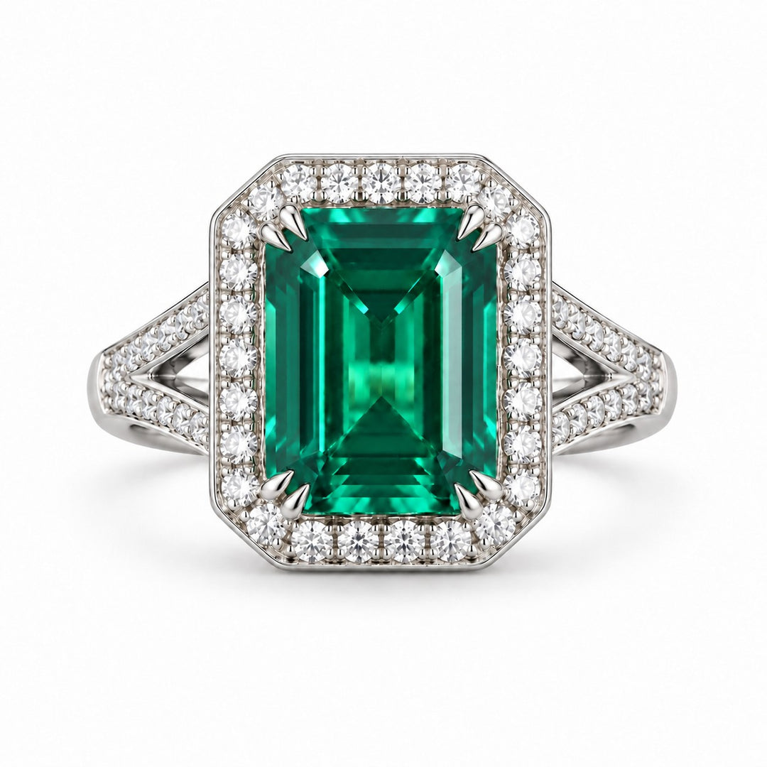 The Interlace — Split Pavé Emerald Halo in 14K white gold, front view