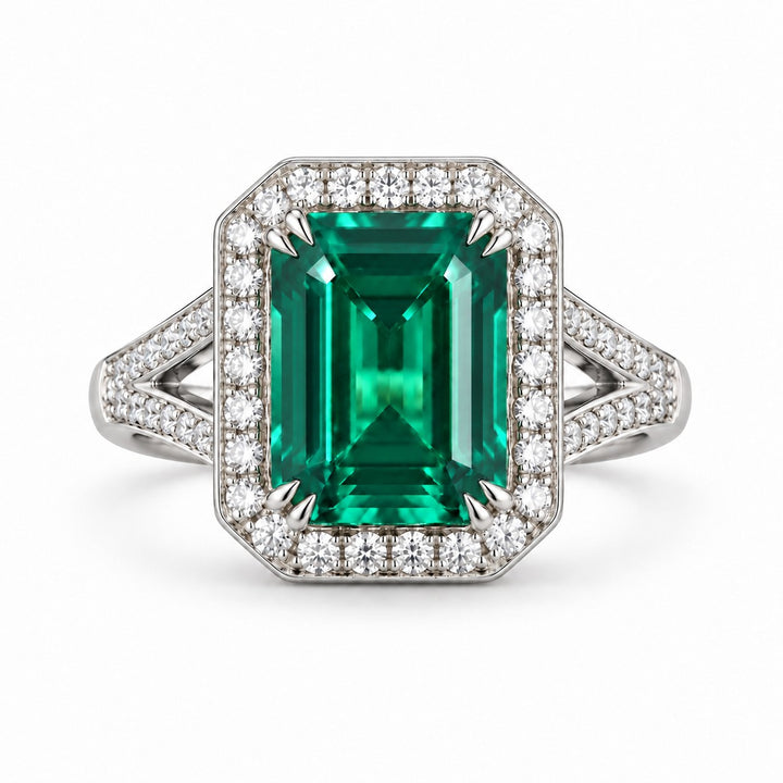 The Interlace — Split Pavé Emerald Halo in 14K white gold, front view