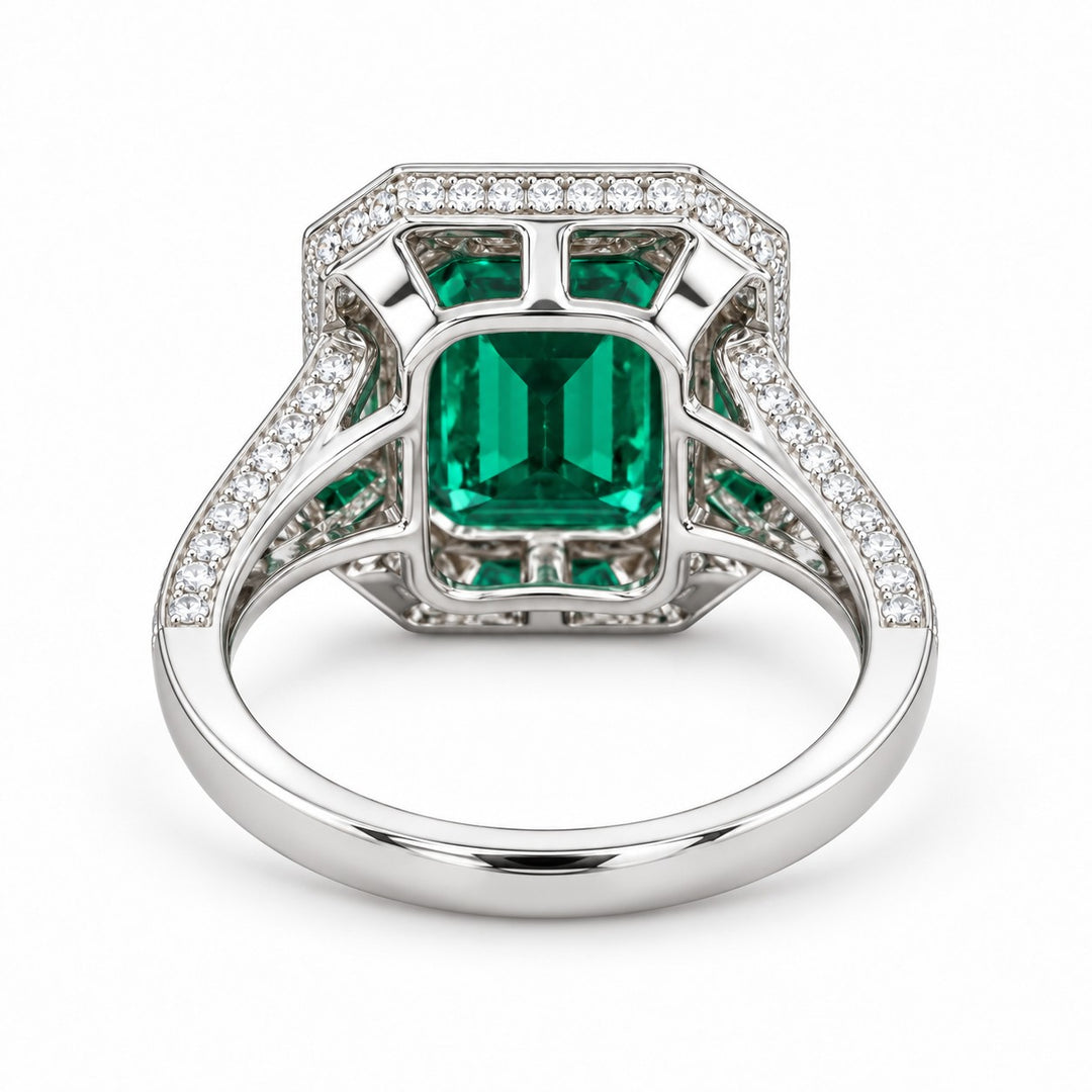The Interlace — Split Pavé Emerald Halo in 14K white gold, back and setting