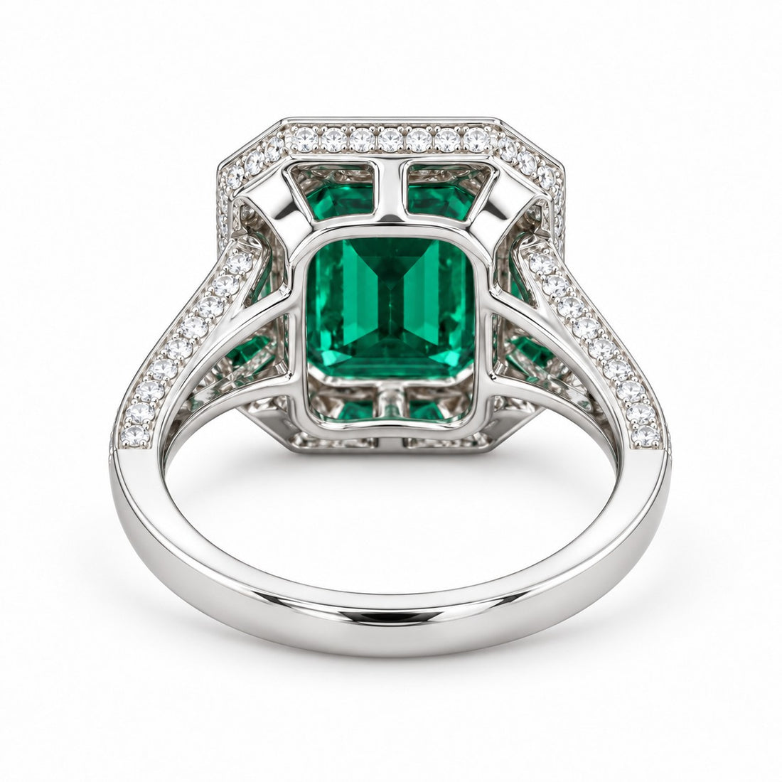 The Interlace — Split Pavé Emerald Halo in 14K white gold, back and setting