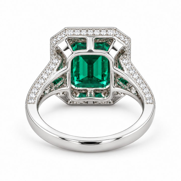 The Interlace — Split Pavé Emerald Halo in 14K white gold, back and setting