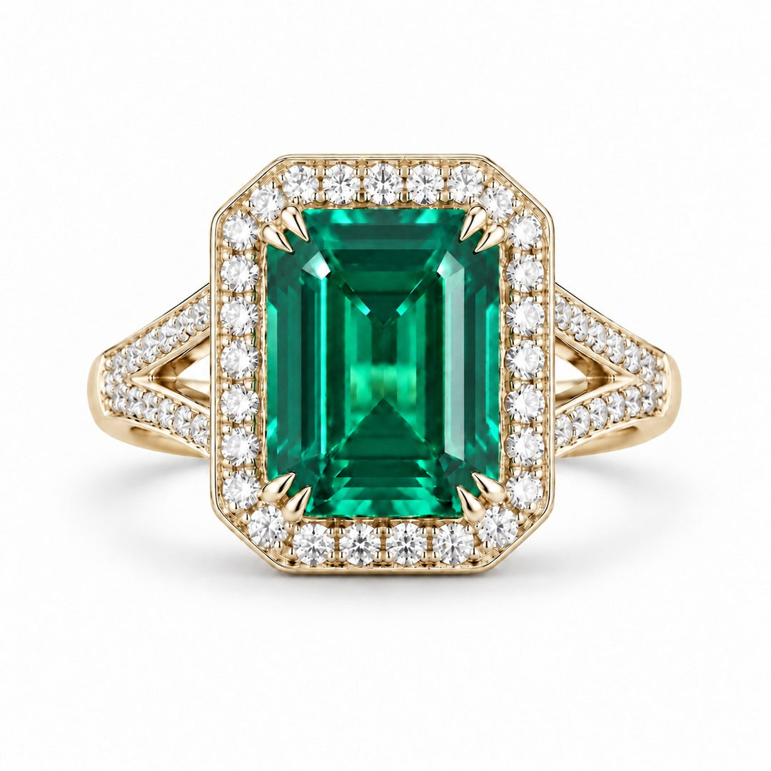 The Interlace — Split Pavé Emerald Halo in 14K yellow gold, front view