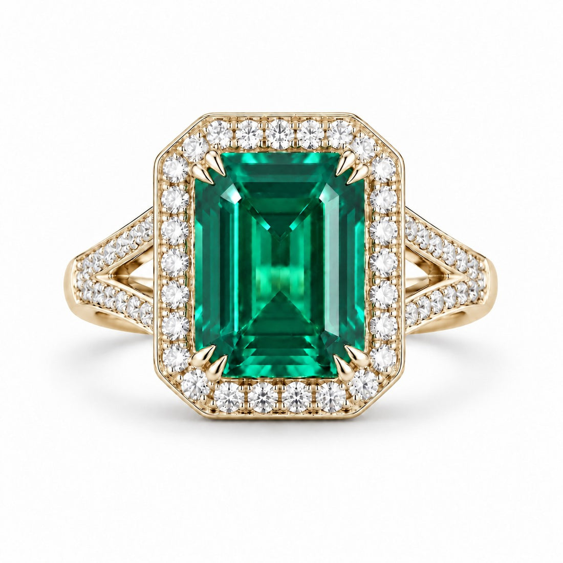 The Interlace — Split Pavé Emerald Halo in 14K yellow gold, front view