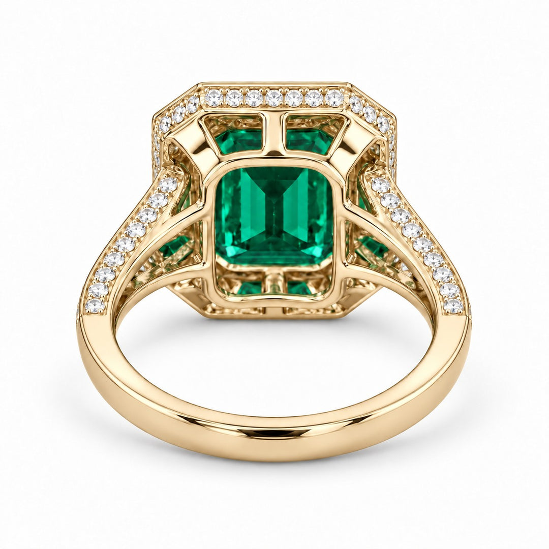 The Interlace — Split Pavé Emerald Halo in 14K yellow gold, back and setting