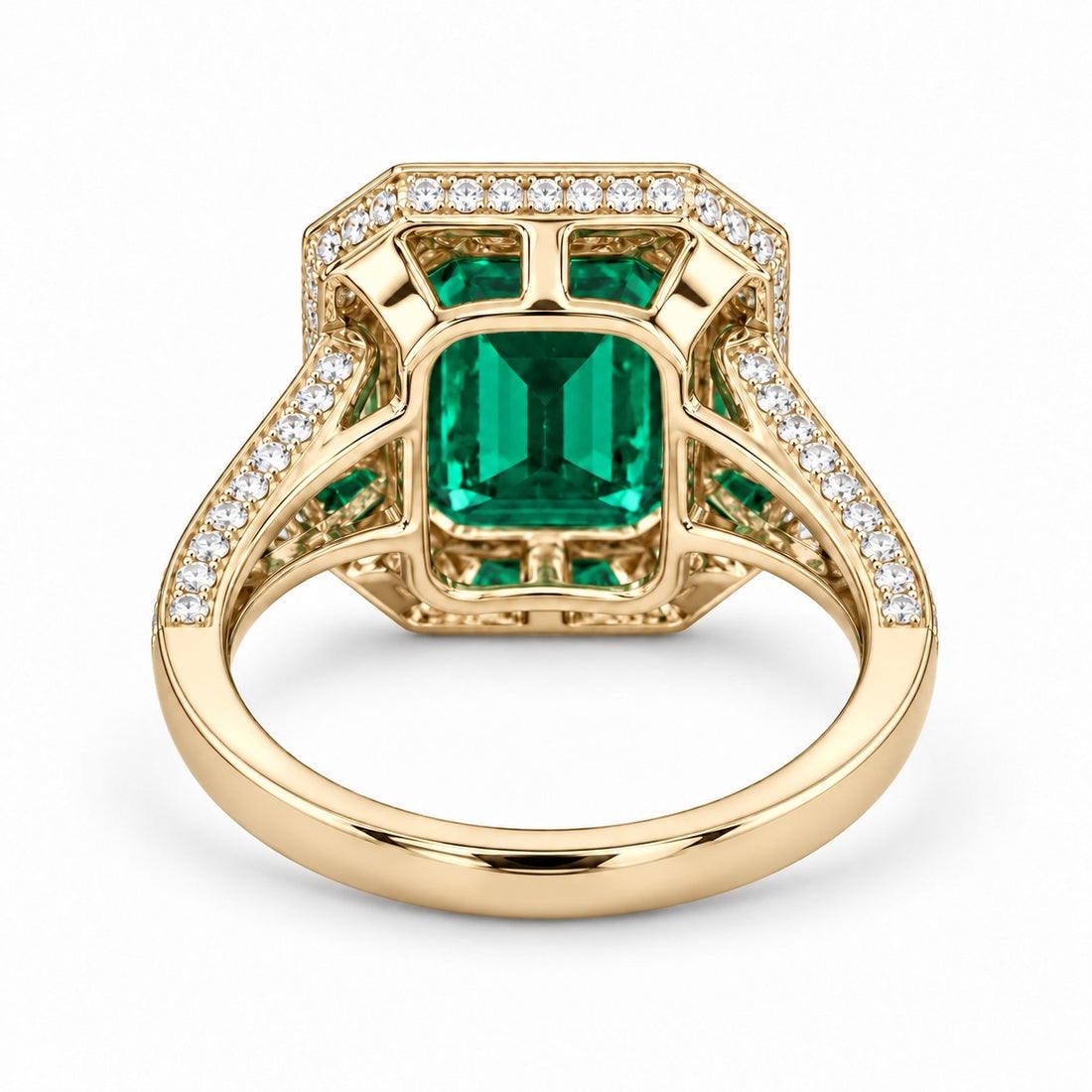The Interlace — Split Pavé Emerald Halo in 14K yellow gold, back and setting