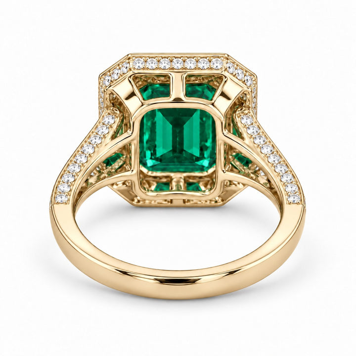 The Interlace — Split Pavé Emerald Halo in 14K yellow gold, back and setting