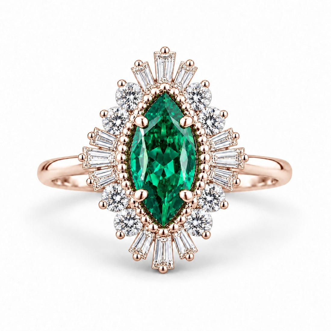 The Helios — Diamond Sunburst Emerald Ring in 14K rose gold, front view