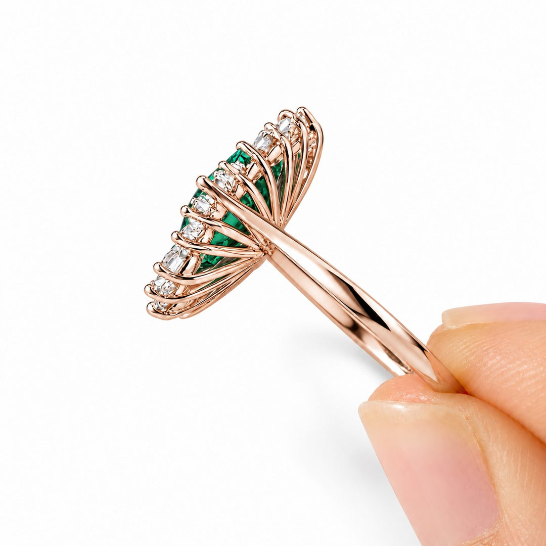 The Helios — Diamond Sunburst Emerald Ring in 14K rose gold, side view