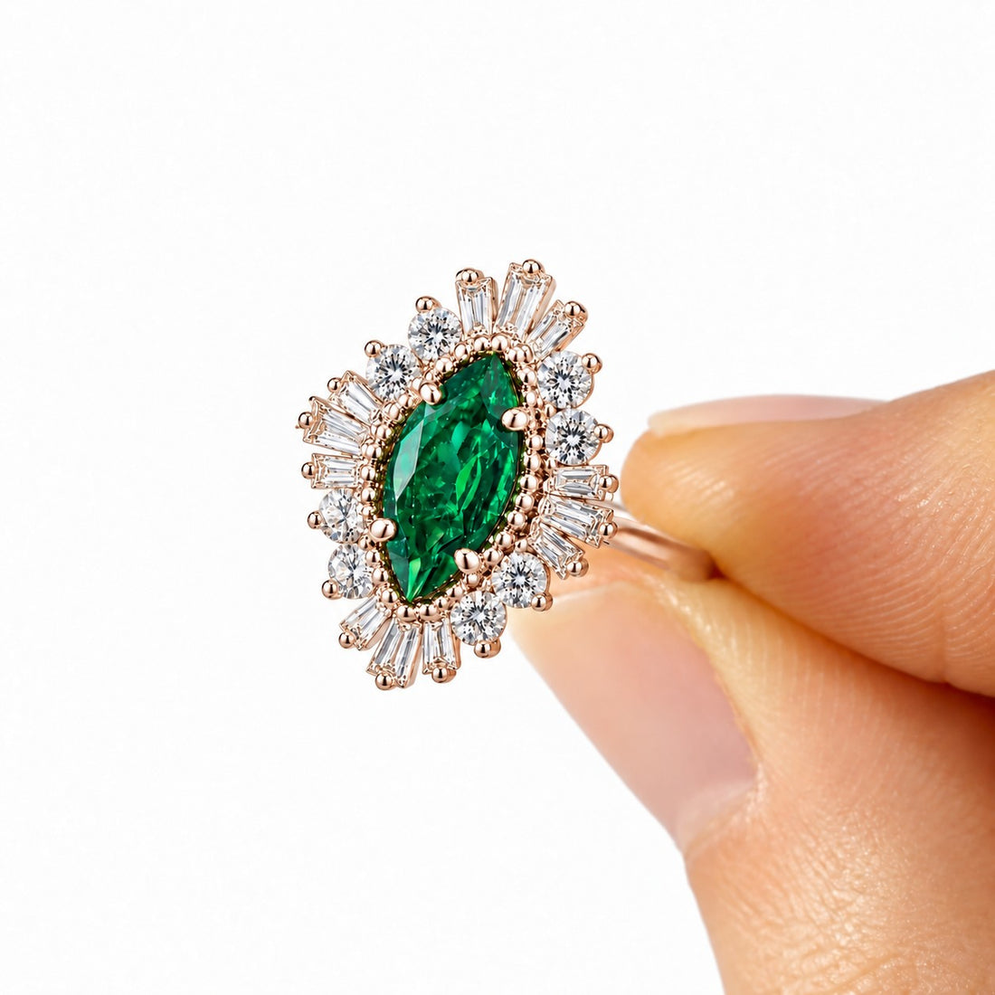 The Helios — Diamond Sunburst Emerald Ring in 14K rose gold, detail