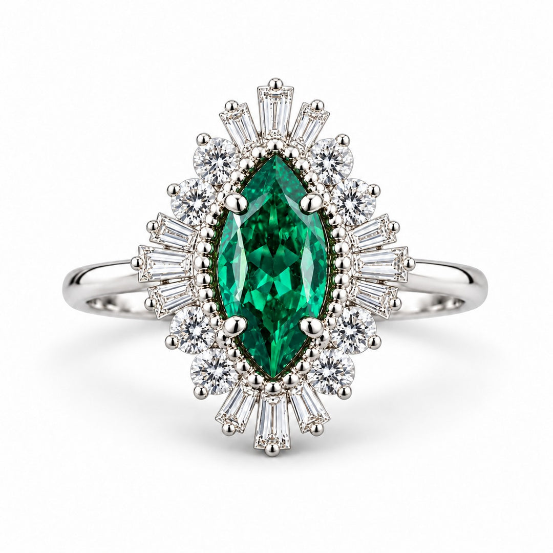 The Helios — Diamond Sunburst Emerald Ring in 14K white gold, front view