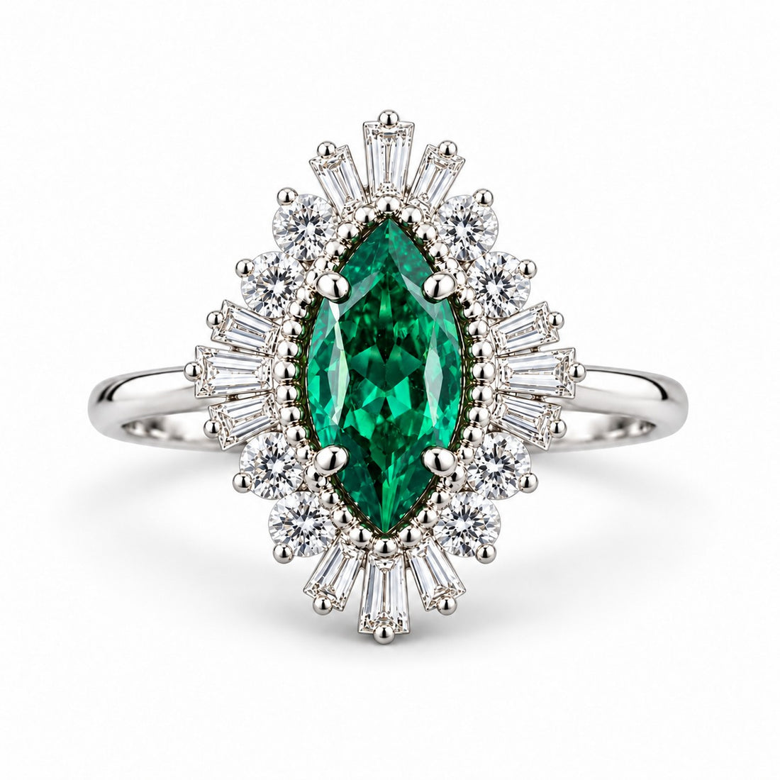 The Helios — Diamond Sunburst Emerald Ring in 14K white gold, front view