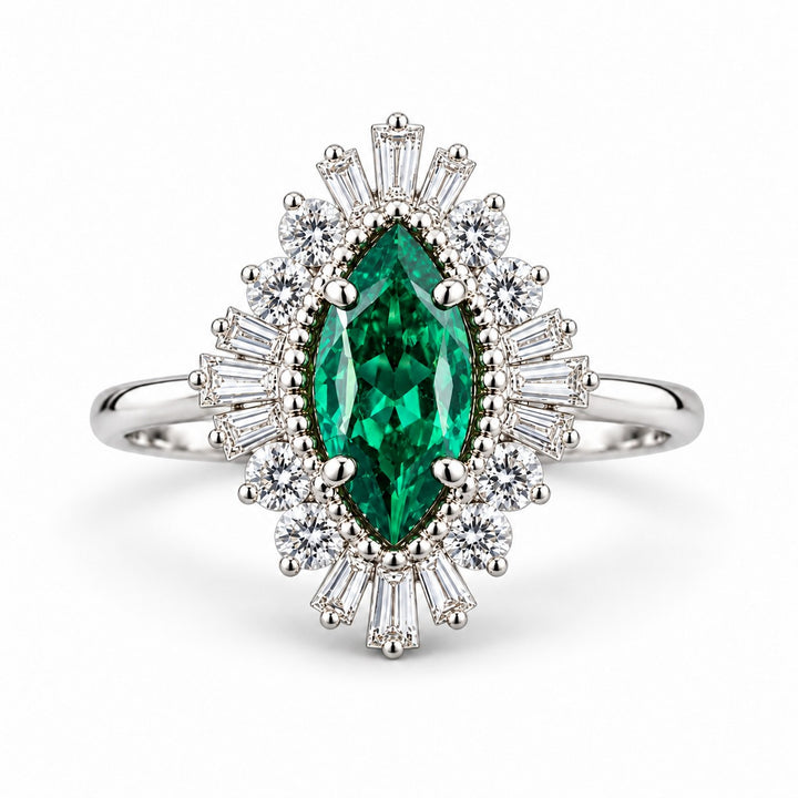 The Helios — Diamond Sunburst Emerald Ring in 14K white gold, front view