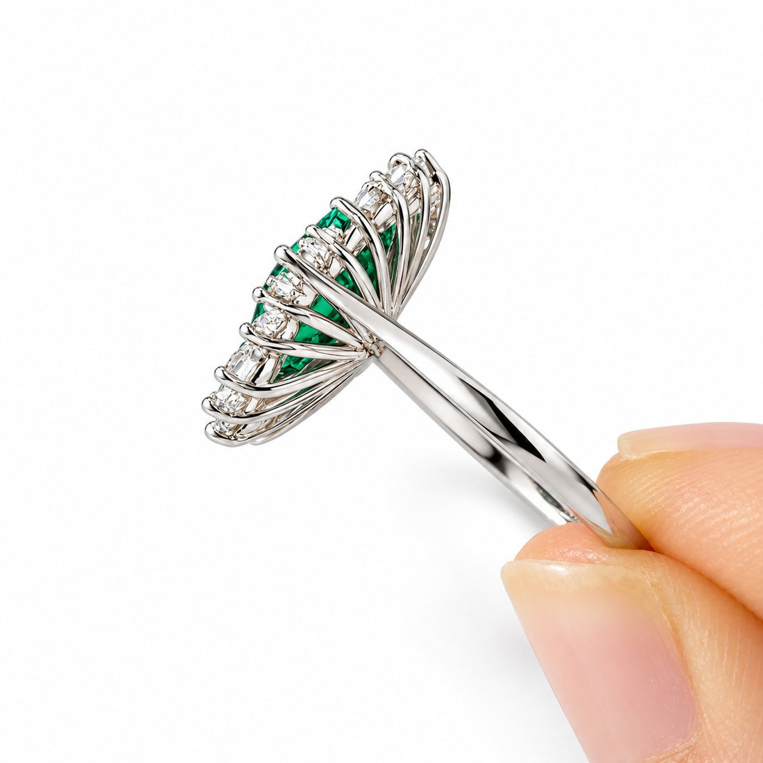 The Helios — Diamond Sunburst Emerald Ring in 14K white gold, side view