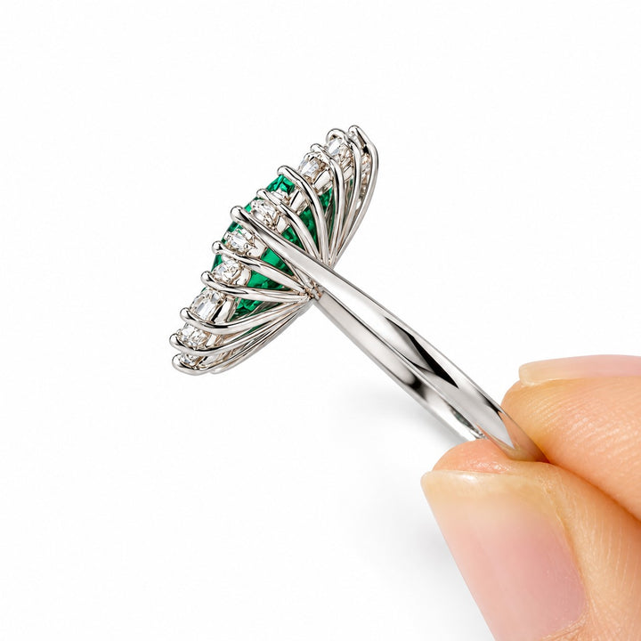 The Helios — Diamond Sunburst Emerald Ring in 14K white gold, side view