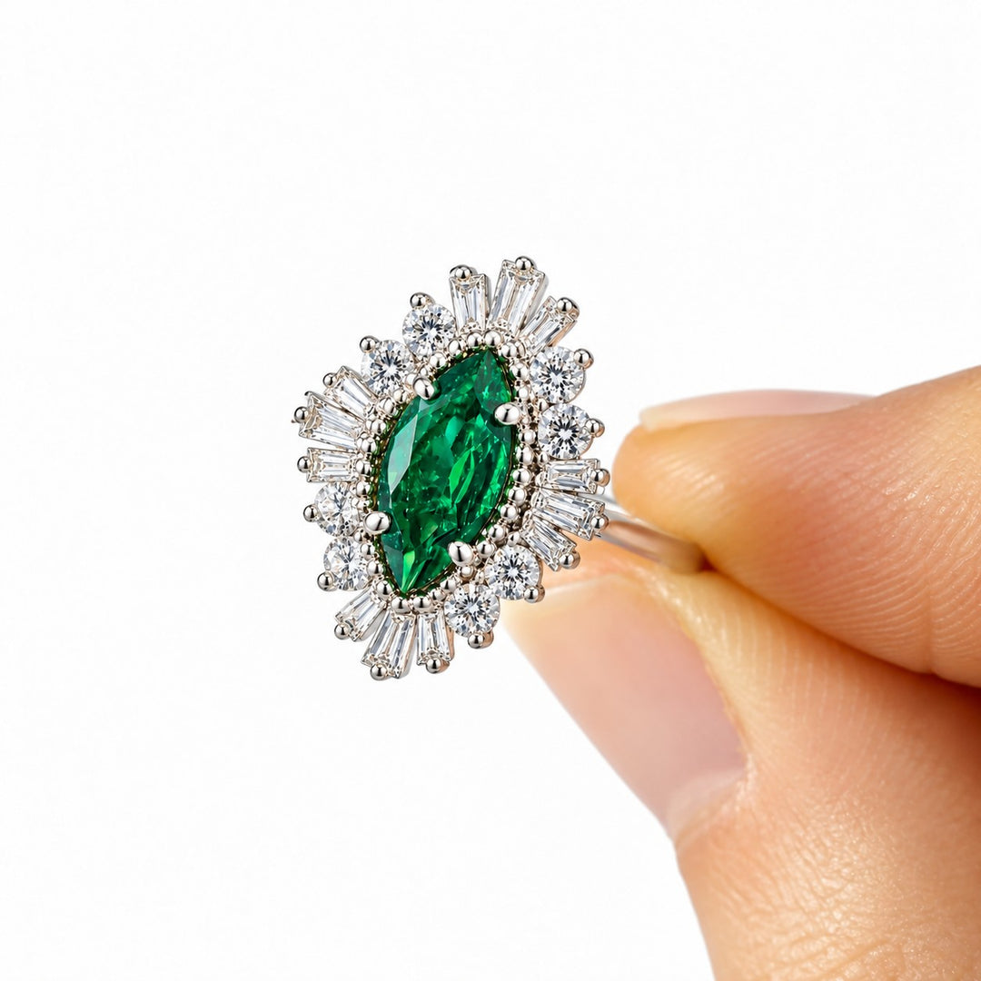 The Helios — Diamond Sunburst Emerald Ring in 14K white gold, detail