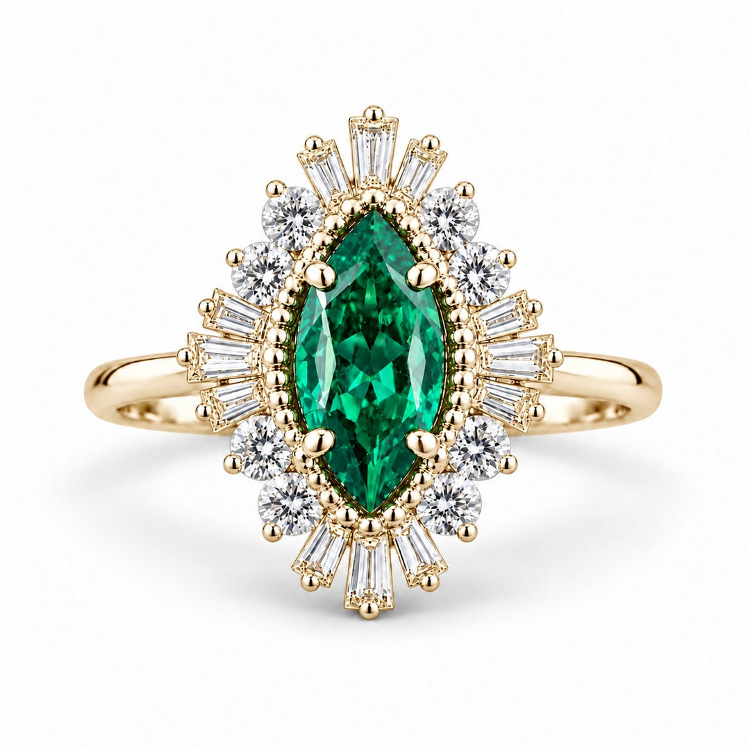 The Helios — Diamond Sunburst Emerald Ring in 14K yellow gold, front view