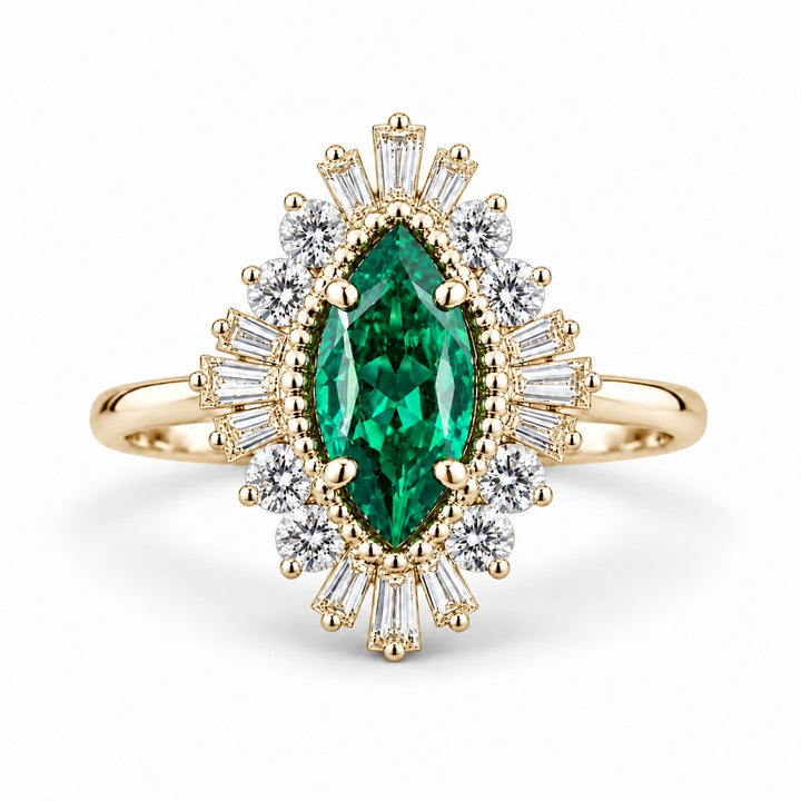 The Helios — Diamond Sunburst Emerald Ring in 14K yellow gold, front view