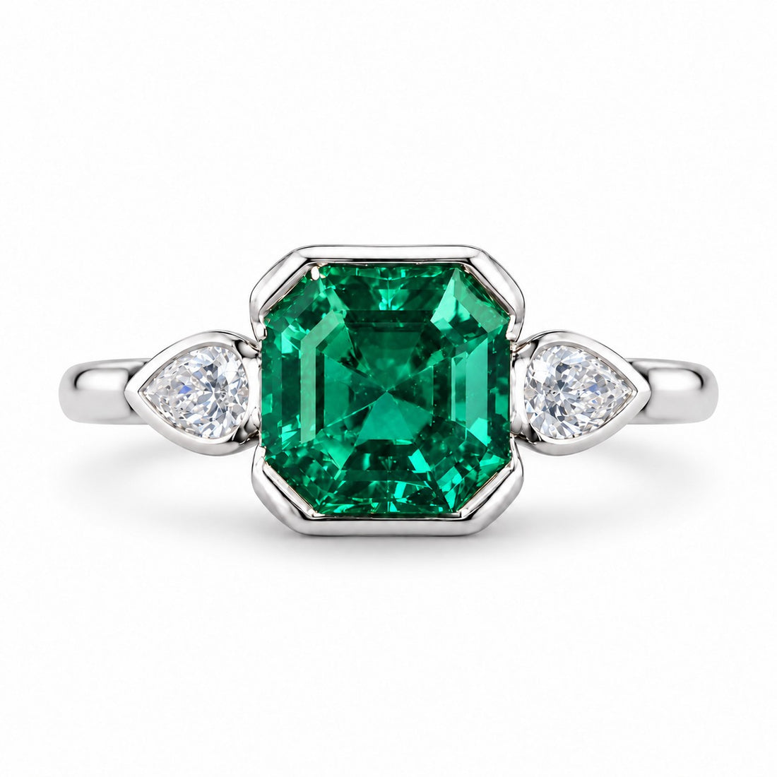 The Embrace — Emerald & Diamond Ring in 14K white gold, front view