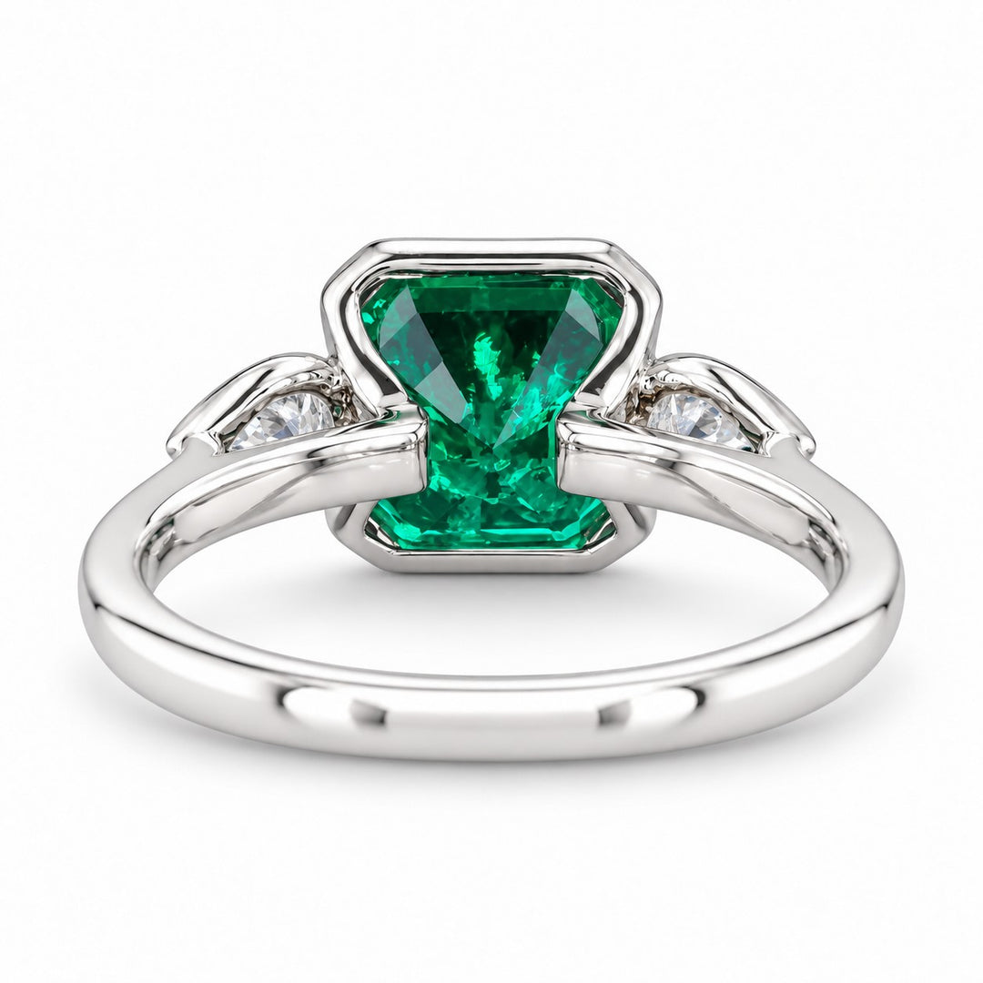The Embrace — Emerald & Diamond Ring in 14K white gold, back and setting