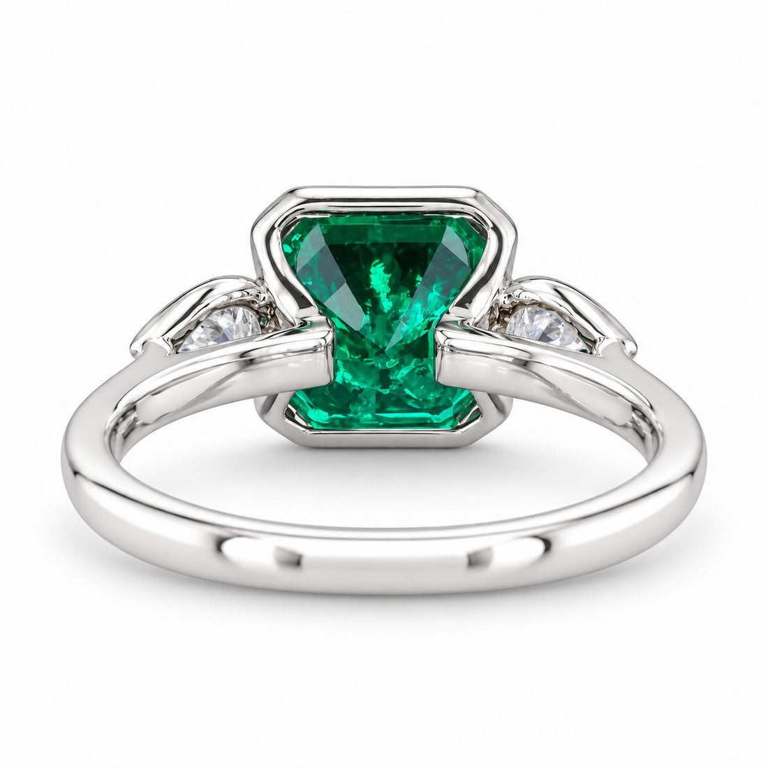 The Embrace — Emerald & Diamond Ring in 14K white gold, back and setting