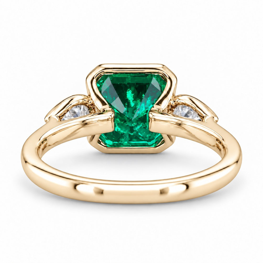 The Embrace — Emerald & Diamond Ring in 14K yellow gold, back and setting