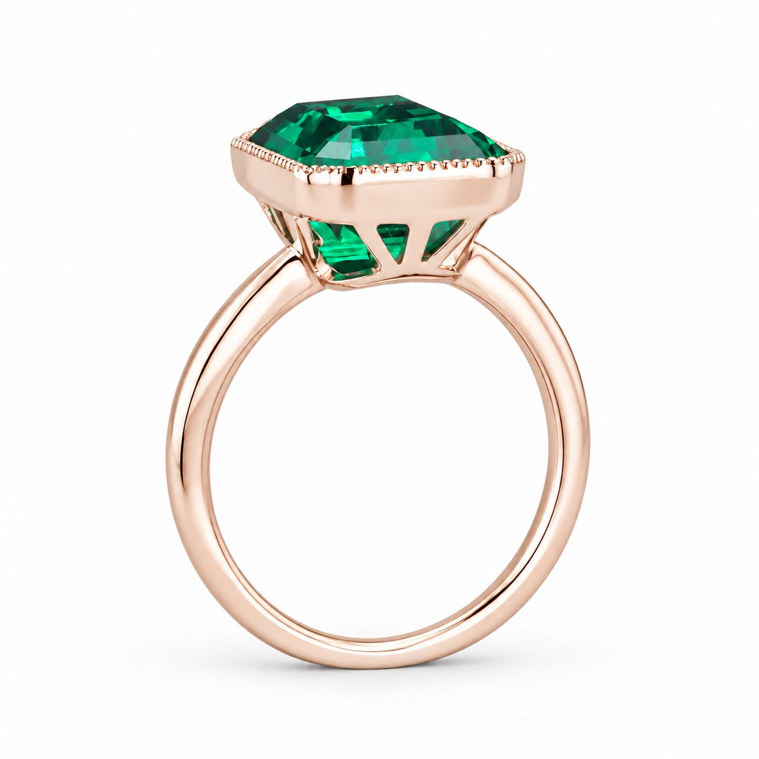 The Paragon — Milgrain Bezel Emerald Ring in 14K rose gold, profile