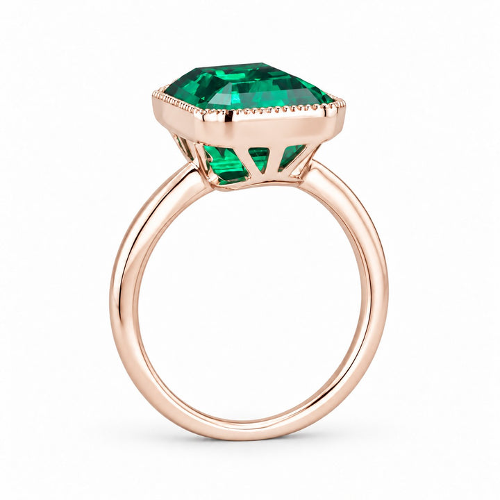 The Paragon — Milgrain Bezel Emerald Ring in 14K rose gold, profile