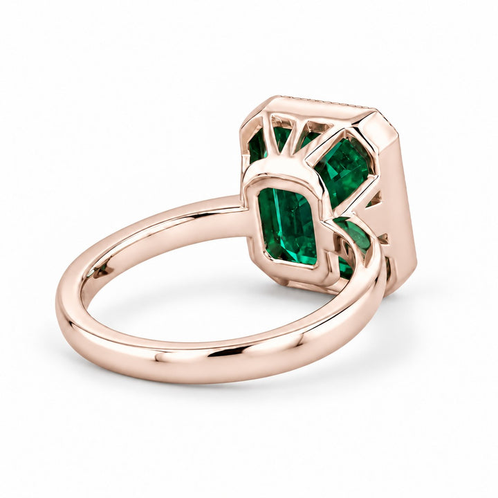 The Paragon — Milgrain Bezel Emerald Ring in 14K rose gold, back and setting