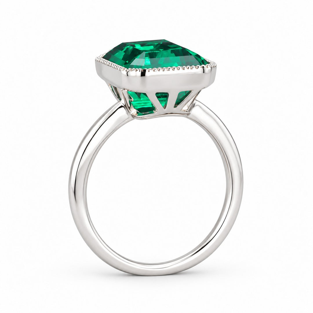 The Paragon — Milgrain Bezel Emerald Ring in 14K white gold, profile