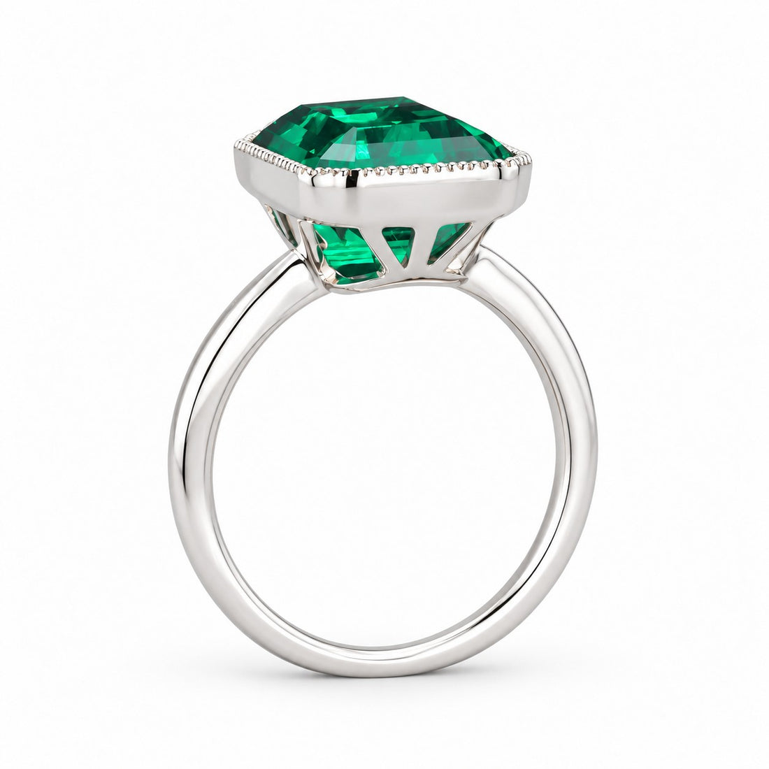 The Paragon — Milgrain Bezel Emerald Ring in 14K white gold, profile
