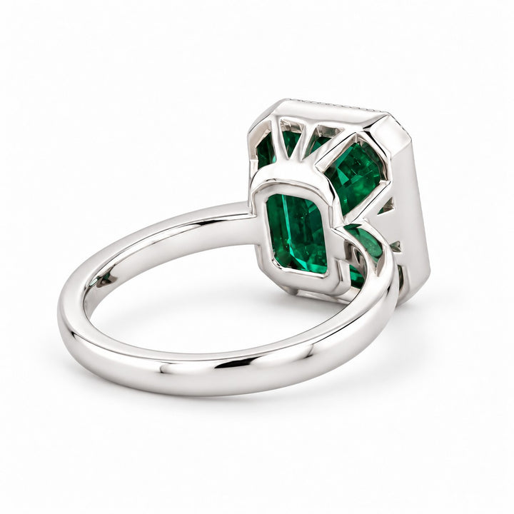 The Paragon — Milgrain Bezel Emerald Ring in 14K white gold, back and setting