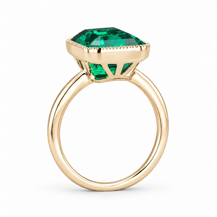 The Paragon — Milgrain Bezel Emerald Ring in 14K yellow gold, profile