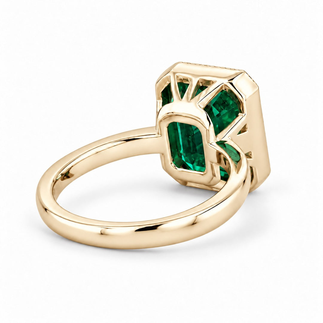 The Paragon — Milgrain Bezel Emerald Ring in 14K yellow gold, back and setting