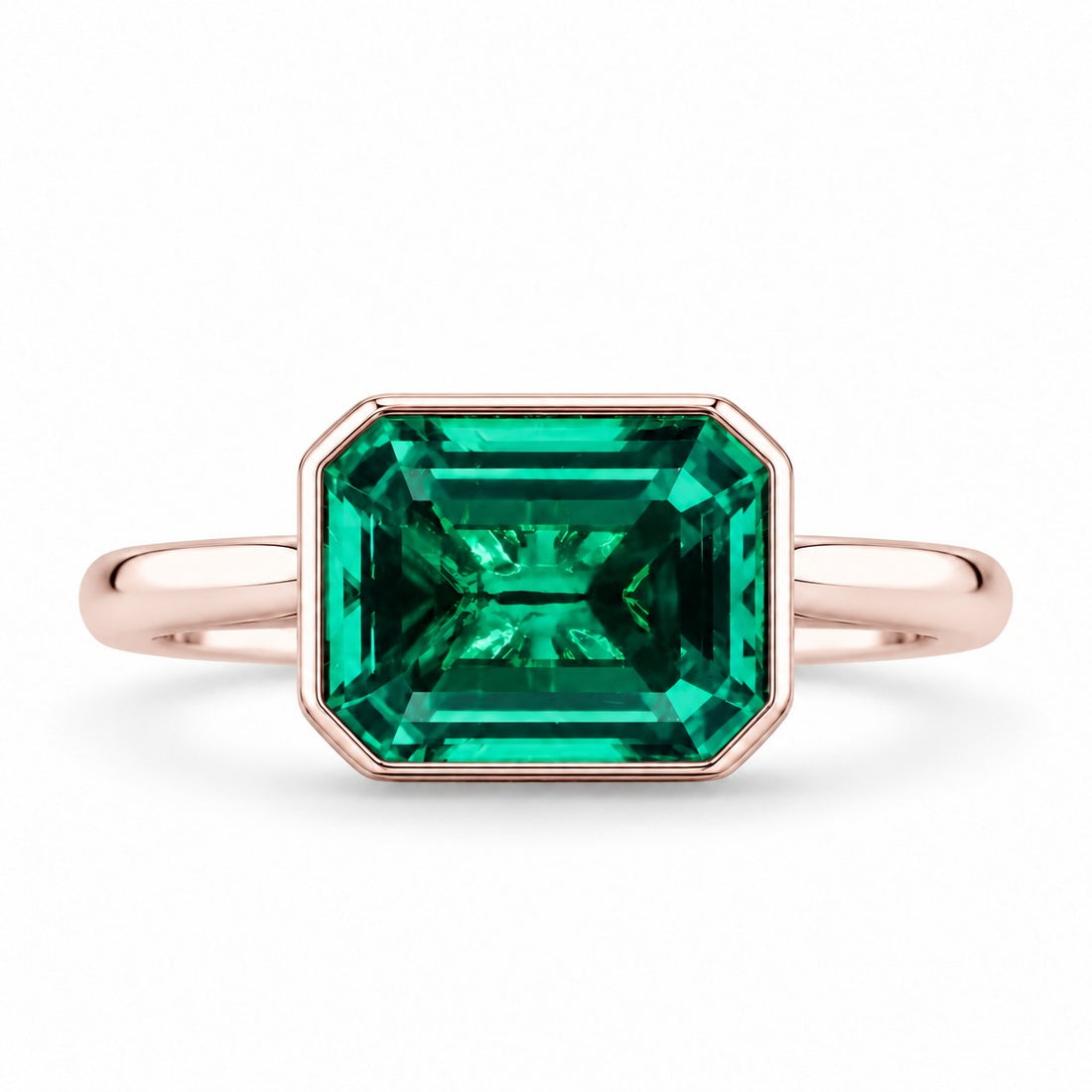 The Axis — East–West Emerald Ring in 14K rose gold, front view