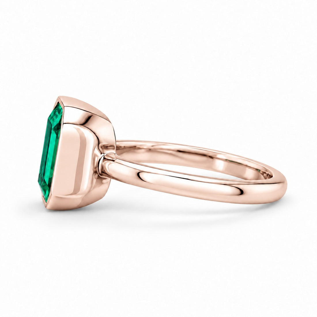 The Axis — East–West Emerald Ring in 14K rose gold, side view