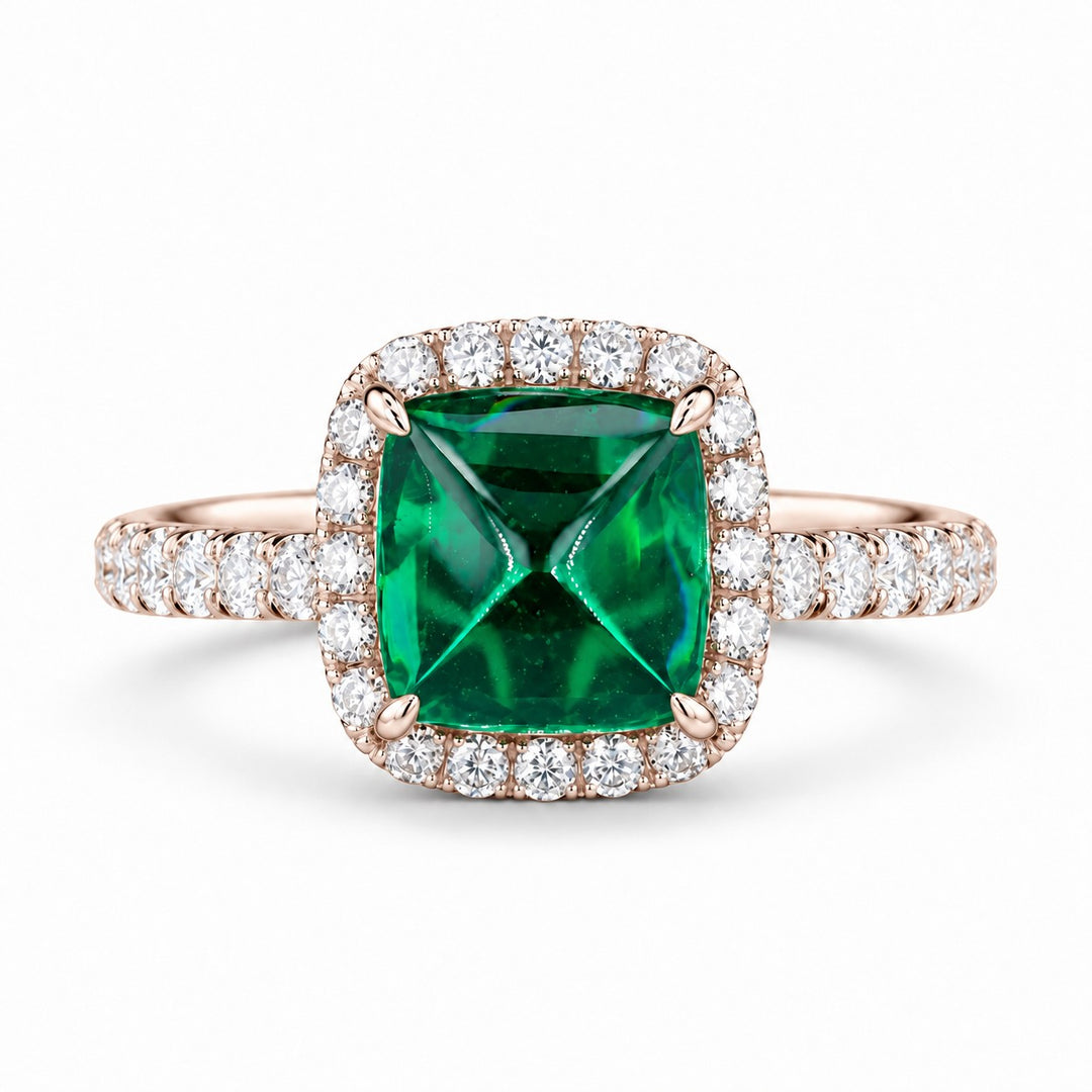 The Prism — Diamond Halo Emerald Ring in 14K rose gold, front view