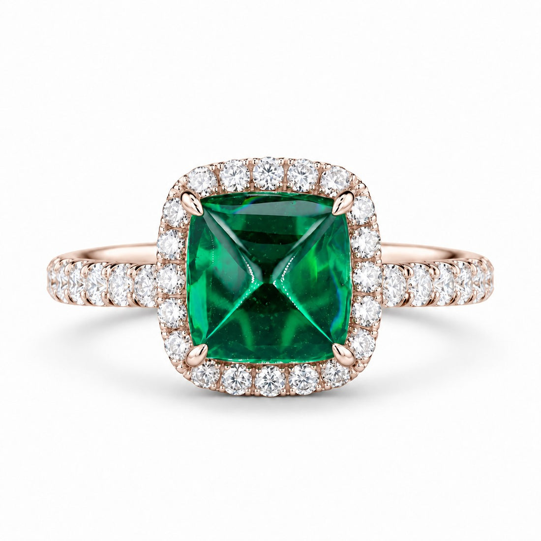 The Prism — Diamond Halo Emerald Ring in 14K rose gold, front view