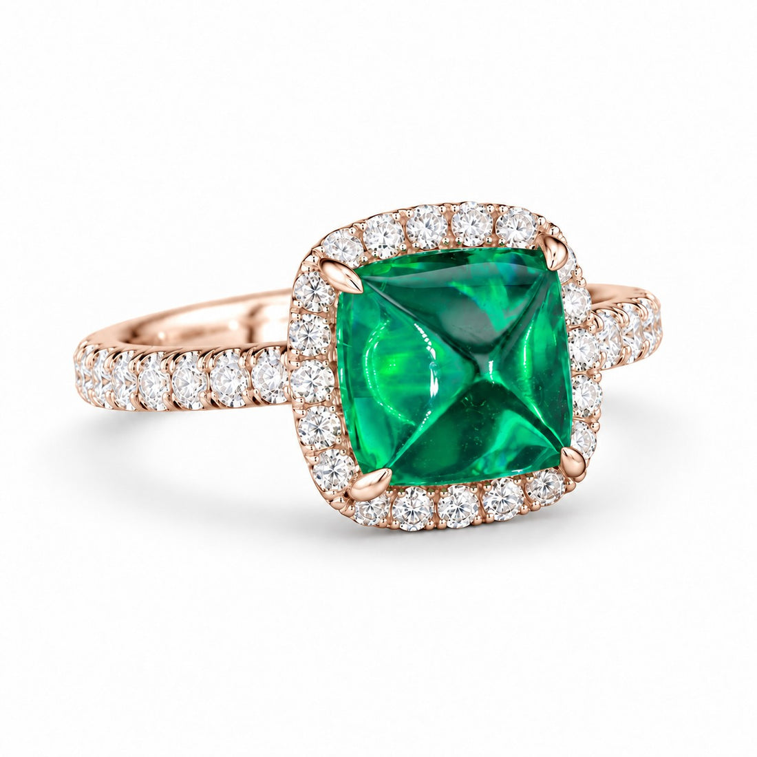 The Prism — Diamond Halo Emerald Ring in 14K rose gold, three-quarter view