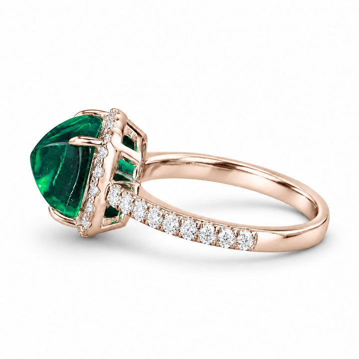 The Prism — Diamond Halo Emerald Ring in 14K rose gold, side view