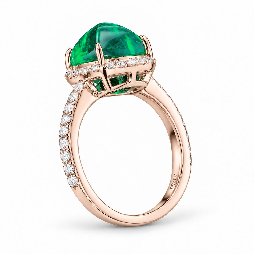 The Prism — Diamond Halo Emerald Ring in 14K rose gold, profile