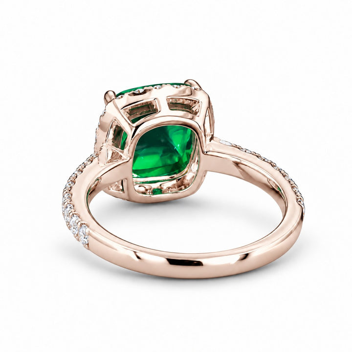 The Prism — Diamond Halo Emerald Ring in 14K rose gold, back and setting